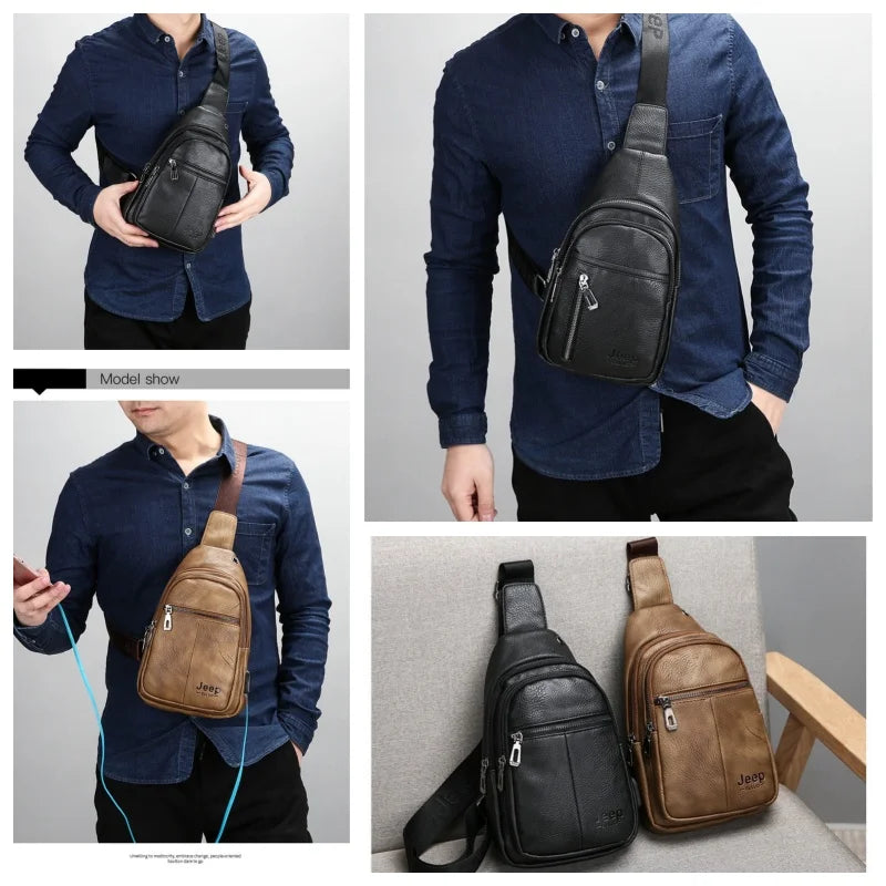 JEEP BULUO Men Crossbody Shoulder USB Sling Bag Fashion Leather Travel Bags
