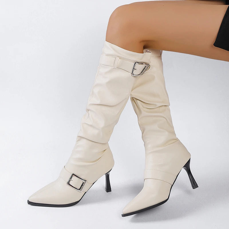 Sexy Black Pointed Toe Knee High Boots Women Fashion Belt Buckle Thin Heel Long Boots Woman Pu Leather High Heel Botas Mujer 42