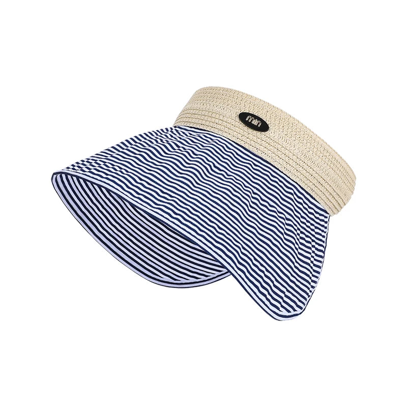 6175-New summer women's wide-brimmed hat - beach and sand grass-wovensunprotectionhat, versatile and fashionable striped top hat