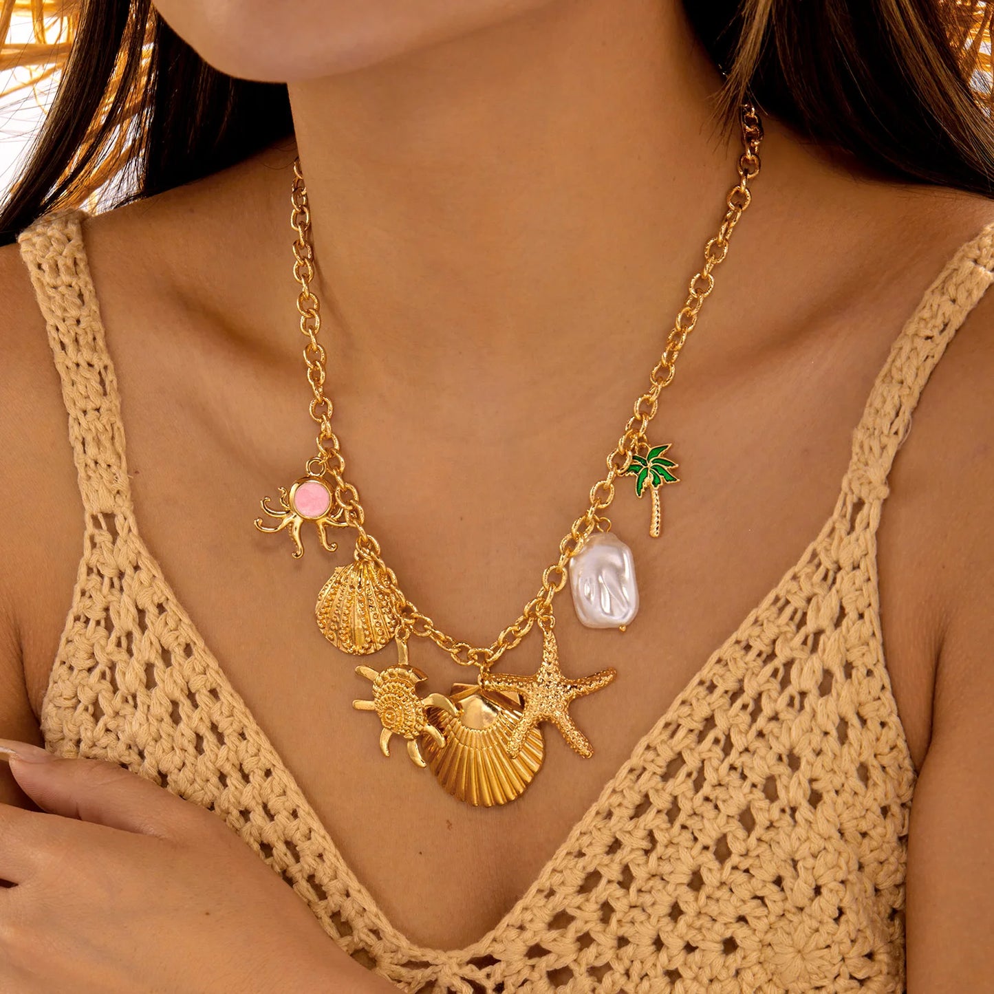 Bohemian Ocean Charm Necklace For Women Gold Tone Shell Starfish Palm Tree Pearl Summer Beach Jewelry