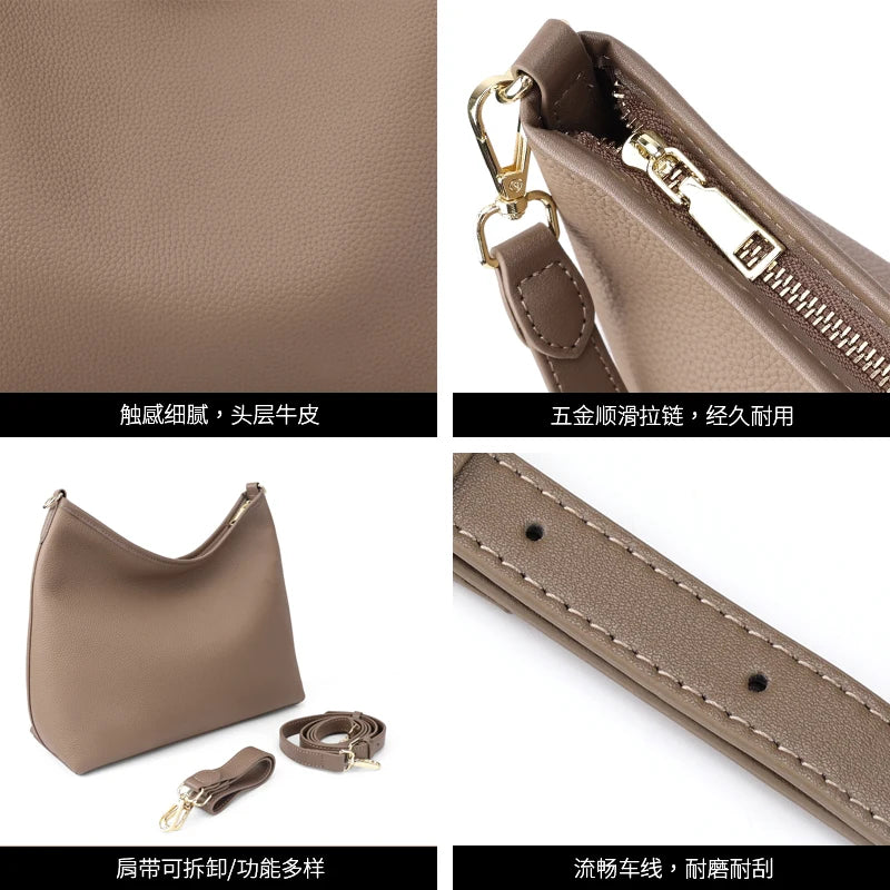 Genuine Cowhide Leather Hobo Shoulder Bag for Women Luxury Designer Pebbled Leather Large Capacity Crossbody Tote Underarm Bag