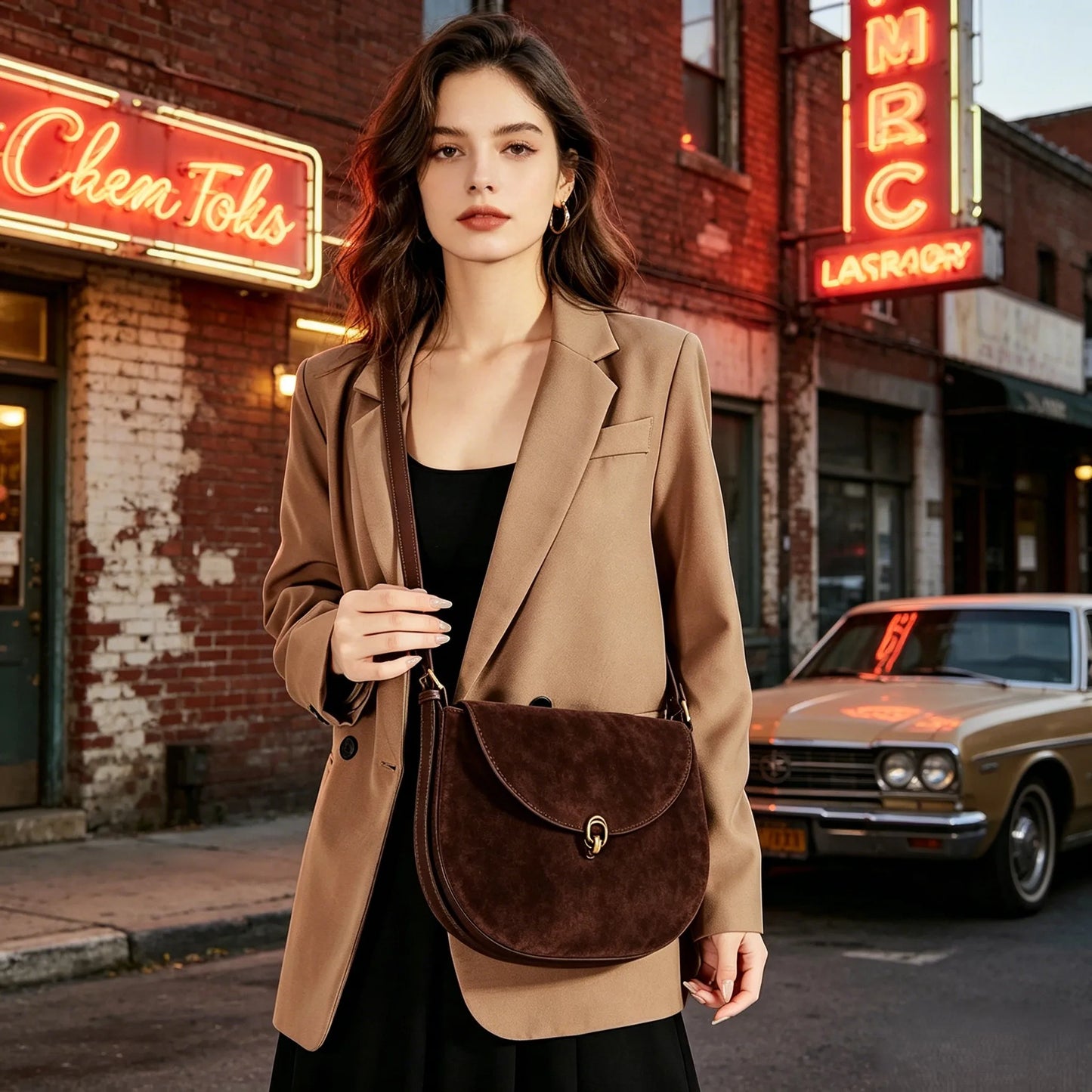 Genuine Cowhide Leather Saddle Bag for Women Large capacity Crossbody Bag Suede Leather Shoulder Bag with Gold Buckle Closure
