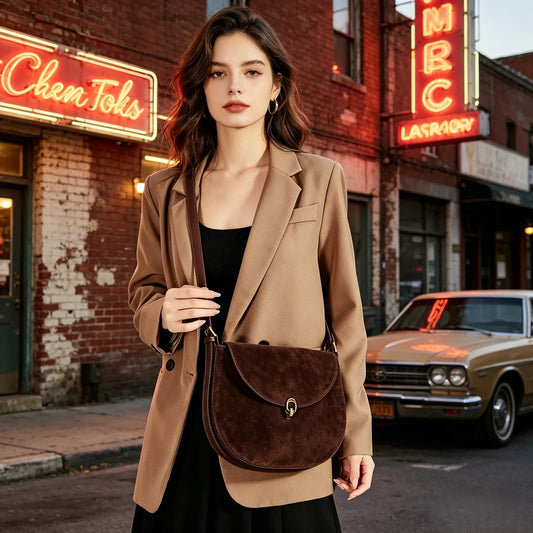 Genuine Cowhide Leather Saddle Bag for Women Large capacity Crossbody Bag Suede Leather Shoulder Bag with Gold Buckle Closure