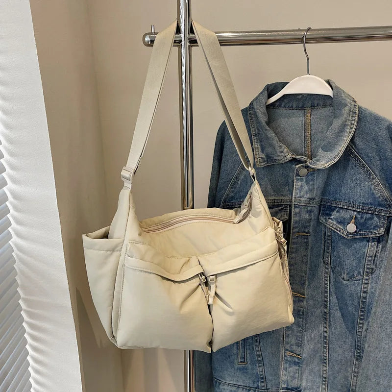 White Casual Work Style Waterproof Nylon Crossbody Shoulder Bag W/Large Capacity