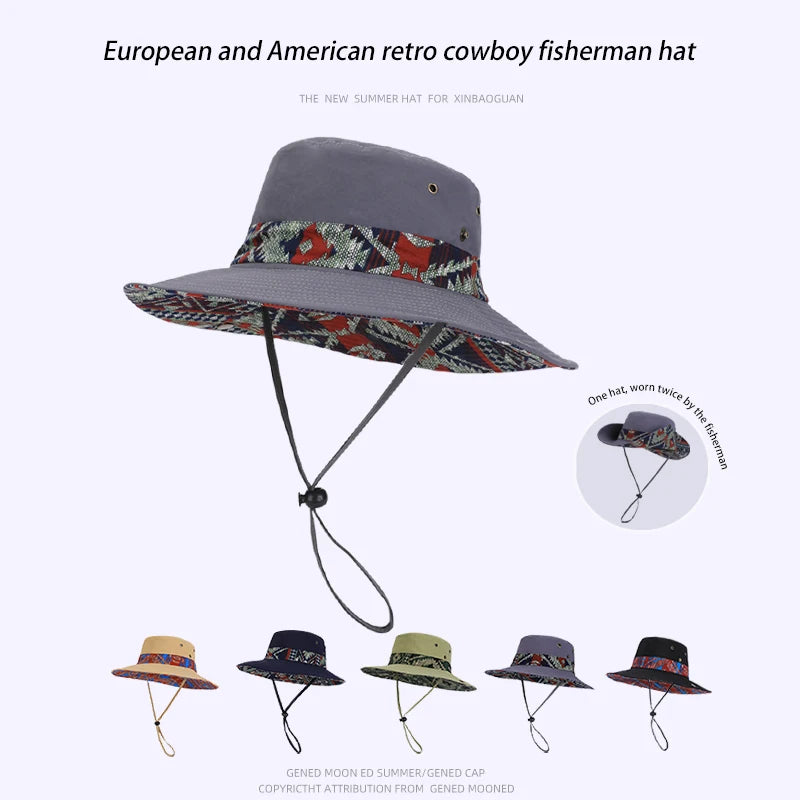 9275-New spring and summer men's and women's wide-brimmedfishermanhatswithethnicstylesuitableforoutdooractivitiessuchahiking
