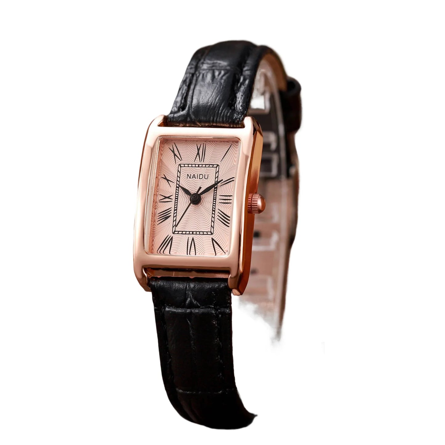 Silver Rectangular Rectangular Women Small Watch Roman Numerals Premium PU Strap Black Women's Exquisite Wristwatch Relogio