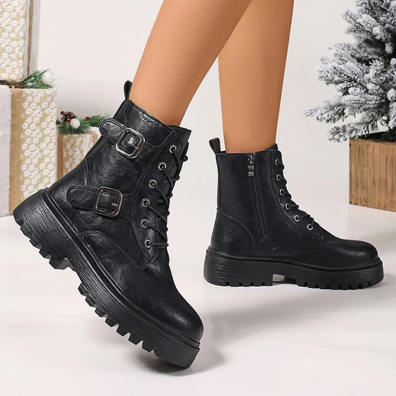 Fashion Buckle Black Motorcycle Boots Women Pu Leather Platform Ankle Boots Woman Plus Size 35-42 Thick Sole Lace Up Shoes Mujer