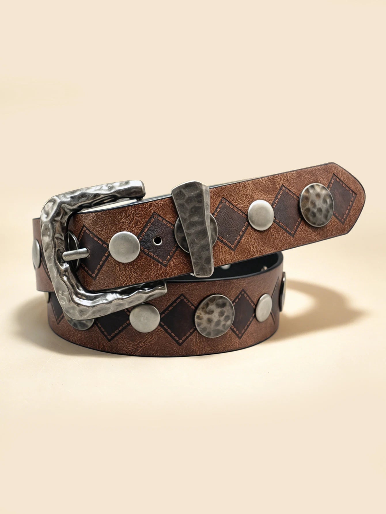 Western Hammered Buckle Rivet Belt, Vintage Brown Diamond Embossed Unisex Waistband