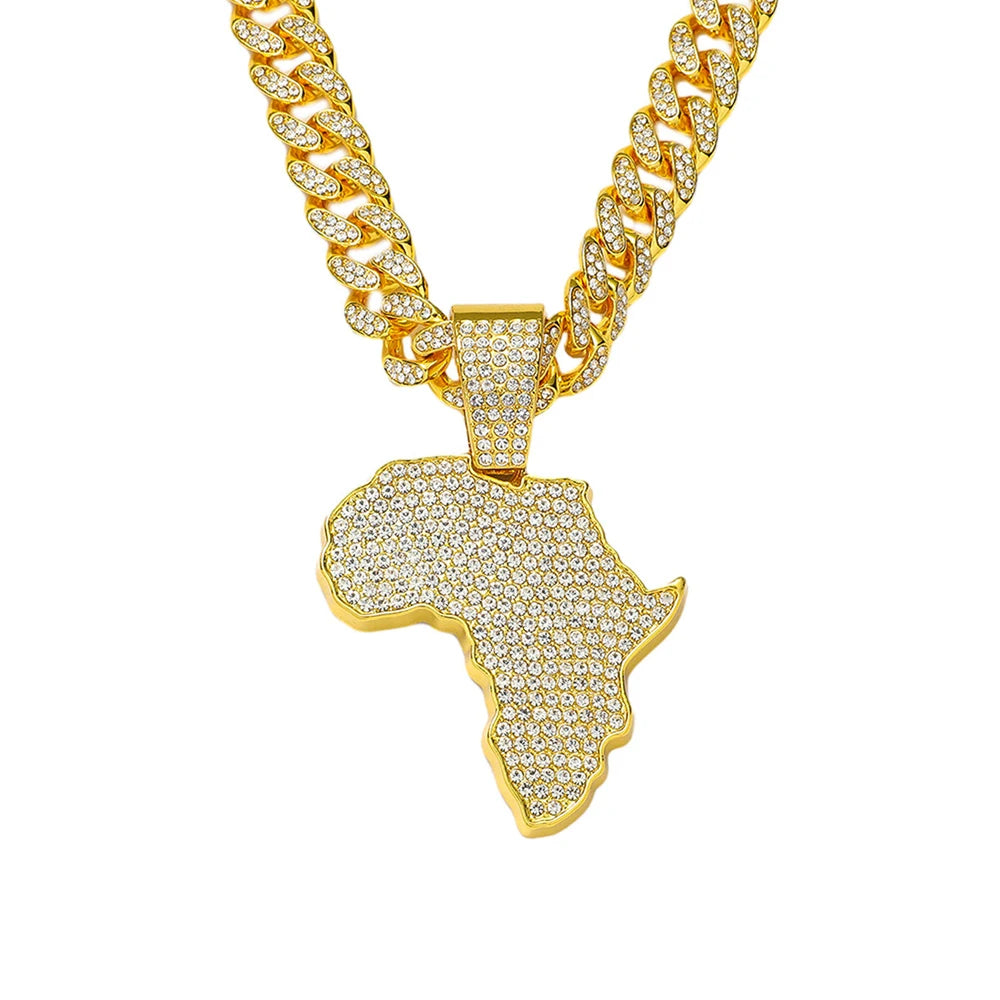 Men Women Hip Hop Africa Map Pendant With 13mm Rhinestones Miami Cuban Chain HipHop Iced Out Bling Necklaces Fashion Jewelry